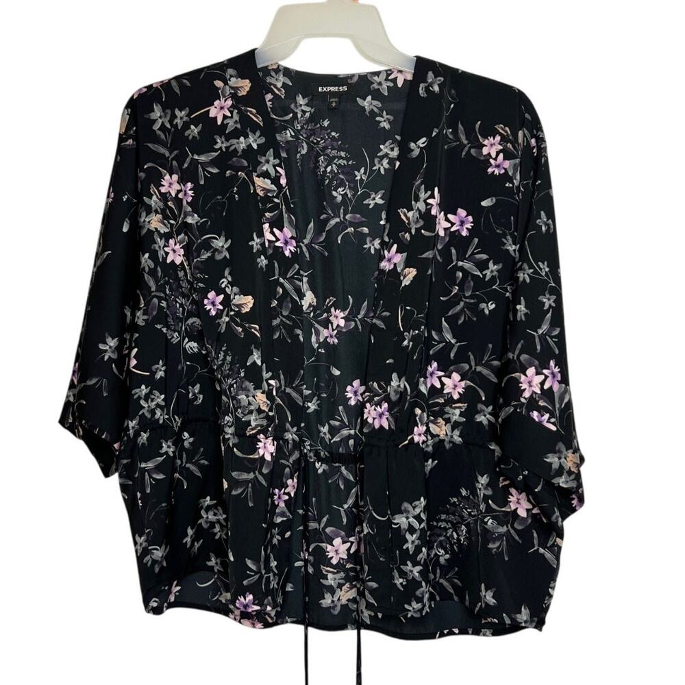 Express Womens Blouse M Black Tie Front Floral Top Long Sleeve Casual